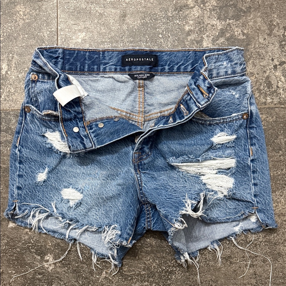 Aeropostale Women's 90s High Rise Cut Off Ripped Blue Jean Shorts